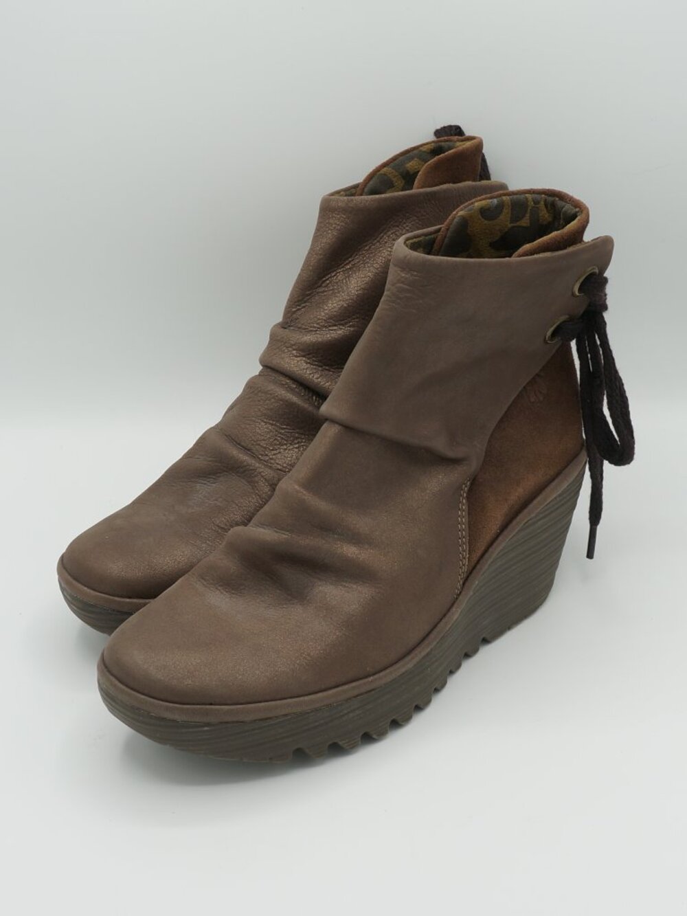 Fly London Brown Leather Slouch Wedge Ankle Boots Back-Tie Size 36 EU (US 6)